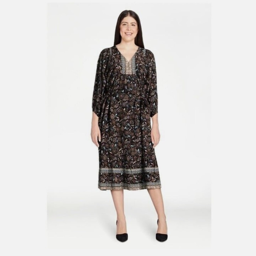 Beachlunchlounge Boho Floral Black MIDI Dress Tie Waist Balloon Sleeves, Sz M